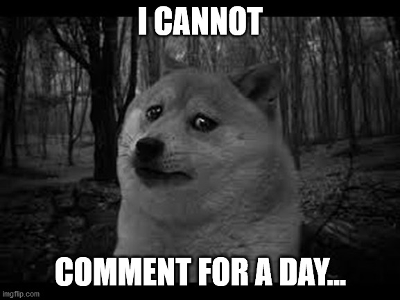 Very sad doge | I CANNOT; COMMENT FOR A DAY... | image tagged in very sad doge | made w/ Imgflip meme maker