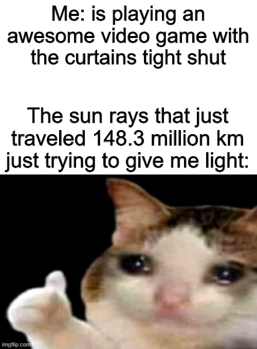 Sad cat thumbs up white spacing | Me: is playing an awesome video game with the curtains tight shut; The sun rays that just traveled 148.3 million km just trying to give me light: | image tagged in sad cat thumbs up white spacing | made w/ Imgflip meme maker