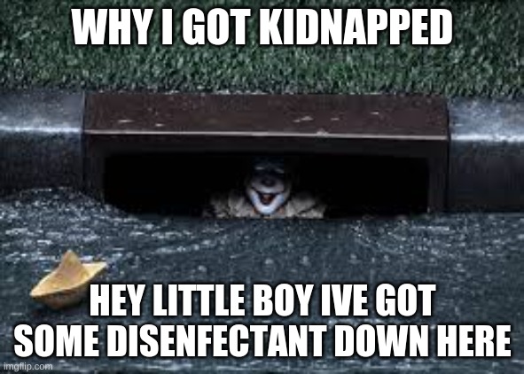 Story of my lifee | WHY I GOT KIDNAPPED; HEY LITTLE BOY I'VE GOT SOME DISINFECTANT DOWN HERE | image tagged in it movie | made w/ Imgflip meme maker