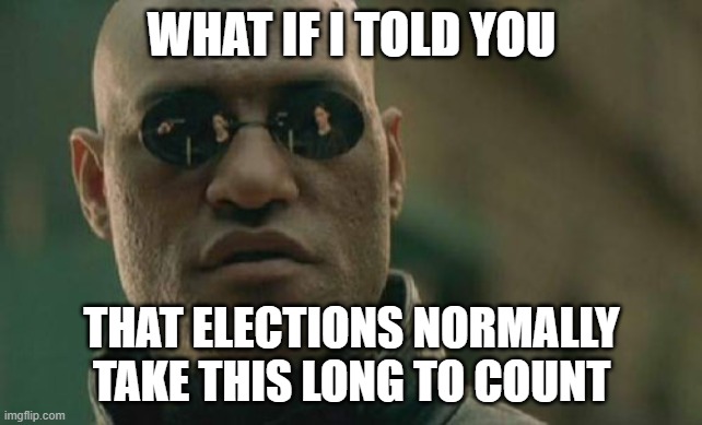 election counts | WHAT IF I TOLD YOU; THAT ELECTIONS NORMALLY TAKE THIS LONG TO COUNT | image tagged in memes,matrix morpheus | made w/ Imgflip meme maker