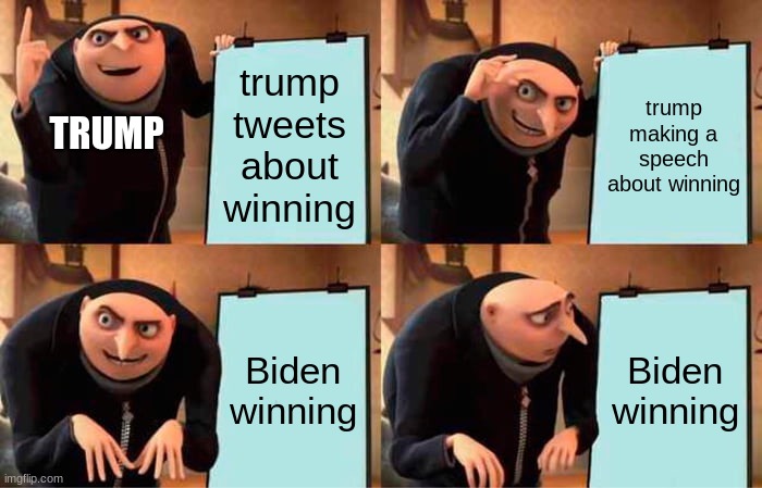 Gru's Plan | trump tweets about winning; trump making a speech about winning; TRUMP; Biden winning; Biden winning | image tagged in memes,gru's plan | made w/ Imgflip meme maker