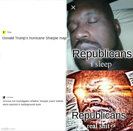 NOW they have a problem with sharpies? | Republicans; Republicans | image tagged in memes,sleeping shaq | made w/ Imgflip meme maker