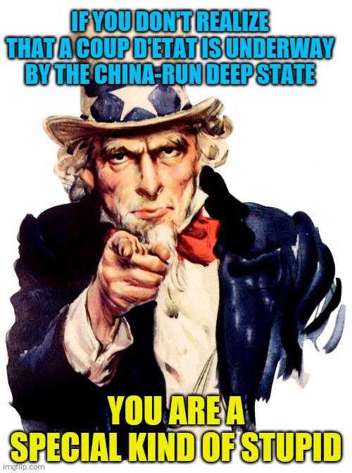 Uncle Sam | IF YOU DON'T REALIZE THAT A COUP D'ETAT IS UNDERWAY BY THE CHINA-RUN DEEP STATE; YOU ARE A SPECIAL KIND OF STUPID | image tagged in memes,uncle sam | made w/ Imgflip meme maker