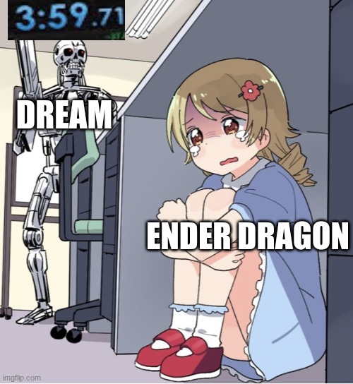 Dream's speed run be like | DREAM; ENDER DRAGON | image tagged in anime girl hiding from terminator | made w/ Imgflip meme maker
