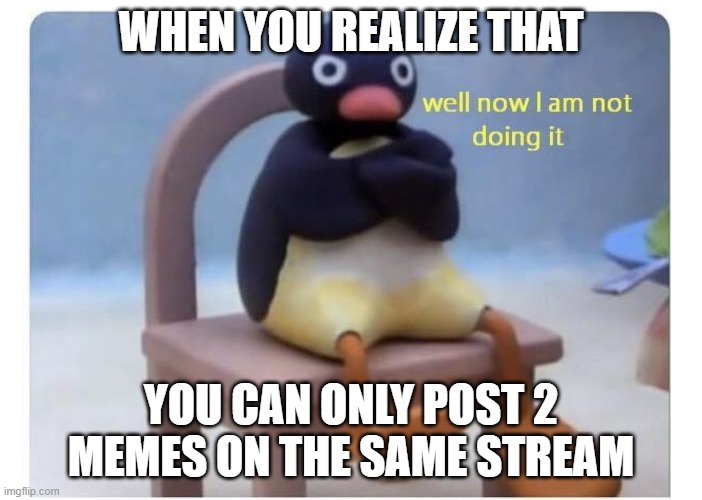 Yep, this is Real | WHEN YOU REALIZE THAT; YOU CAN ONLY POST 2 MEMES ON THE SAME STREAM | image tagged in well now i am not doing it,then why did u post this meme | made w/ Imgflip meme maker