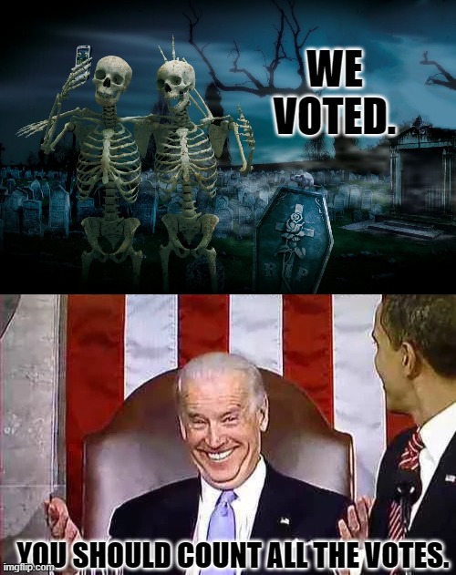 All votes include fraudulent and illegal votes. | WE VOTED. YOU SHOULD COUNT ALL THE VOTES. | image tagged in graveyard tourists,smiling biden,night of the voting dead,election fraud,talking points | made w/ Imgflip meme maker