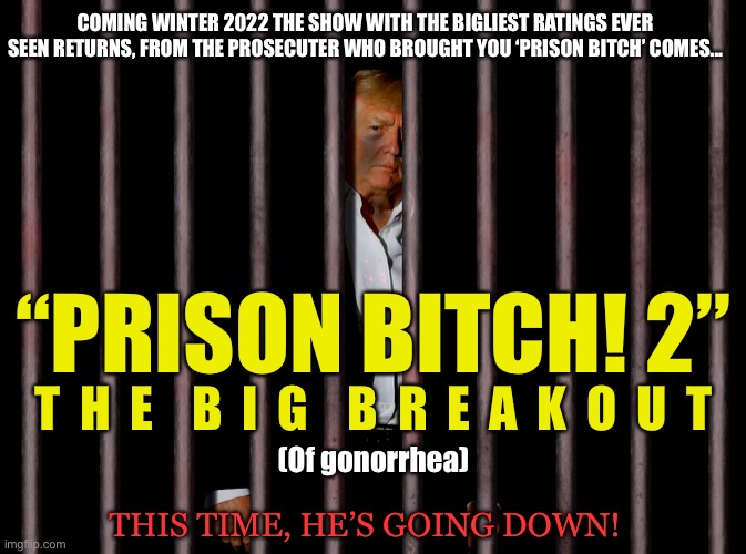 Prison bitch 2 | COMING WINTER 2022 THE SHOW WITH THE BIGLIEST RATINGS EVER SEEN RETURNS, FROM THE PROSECUTER WHO BROUGHT YOU ‘PRISON BITCH’ COMES... “PRISON BITCH! 2”; T  H  E    B  I  G    B  R  E  A  K  O  U  T; (Of gonorrhea); THIS TIME, HE’S GOING DOWN! | image tagged in trump,drumpf,donald trump,donald drumpf,election 2020 | made w/ Imgflip meme maker