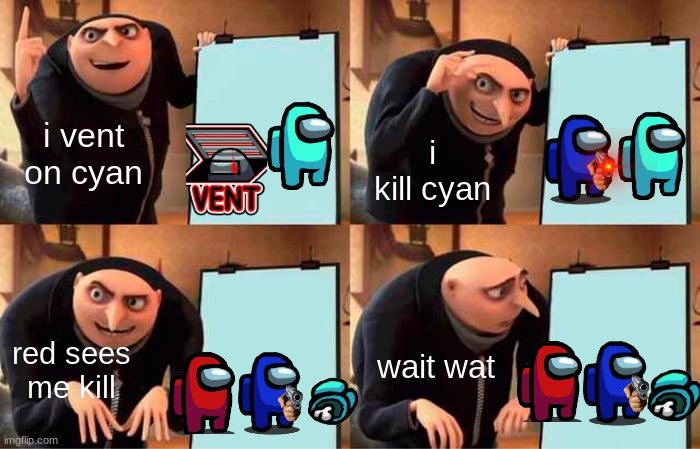 i got imposter heres my big brain plan | i vent on cyan; i kill cyan; red sees me kill; wait wat | image tagged in memes,gru's plan | made w/ Imgflip meme maker
