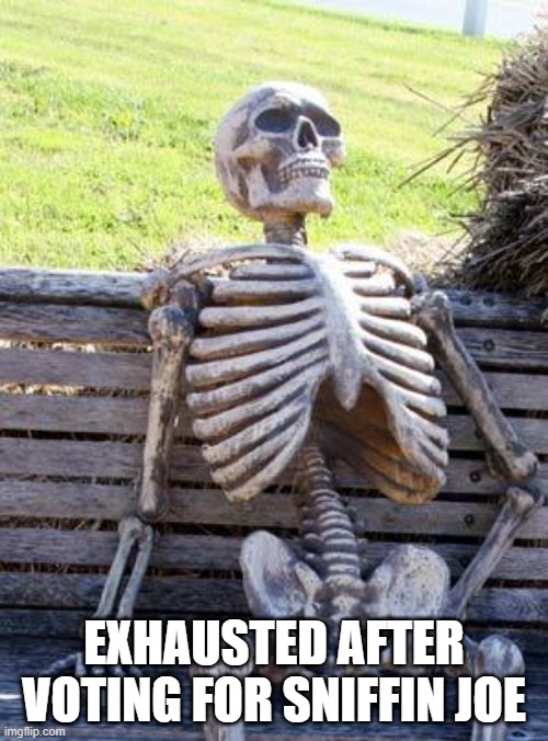 Waiting Skeleton | EXHAUSTED AFTER VOTING FOR SNIFFIN JOE | image tagged in memes,waiting skeleton | made w/ Imgflip meme maker
