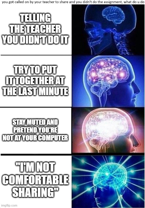 expanding online school brain | TELLING THE TEACHER YOU DIDN'T DO IT; TRY TO PUT IT TOGETHER AT THE LAST MINUTE; STAY MUTED AND PRETEND YOU'RE NOT AT YOUR COMPUTER; "I'M NOT COMFORTABLE SHARING" | image tagged in memes,expanding brain,online school | made w/ Imgflip meme maker