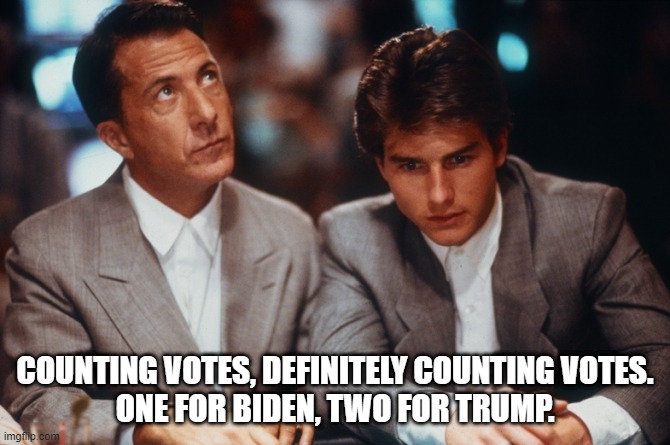 Rainman Rain man | COUNTING VOTES, DEFINITELY COUNTING VOTES.
ONE FOR BIDEN, TWO FOR TRUMP. | image tagged in definitely rain man | made w/ Imgflip meme maker
