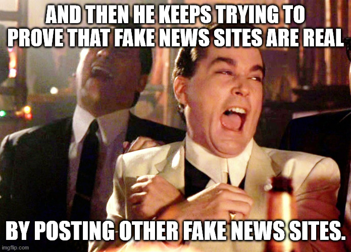 Good Fellas Hilarious Meme | AND THEN HE KEEPS TRYING TO PROVE THAT FAKE NEWS SITES ARE REAL BY POSTING OTHER FAKE NEWS SITES. | image tagged in memes,good fellas hilarious | made w/ Imgflip meme maker