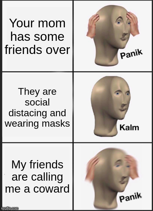 Panik | Your mom has some friends over; They are social distacing and wearing masks; My friends are calling me a coward | image tagged in memes,panik kalm panik | made w/ Imgflip meme maker