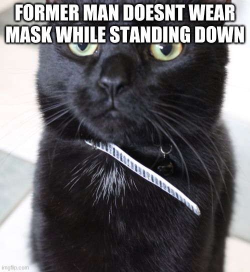 hes dead now | FORMER MAN DOESNT WEAR MASK WHILE STANDING DOWN | image tagged in memes,woah kitty | made w/ Imgflip meme maker