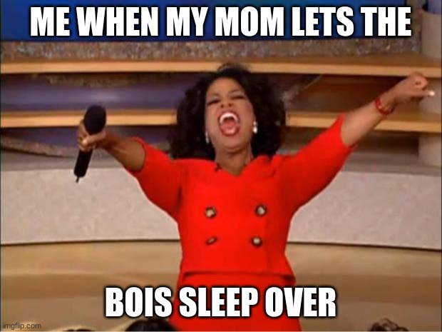 Oprah You Get A | ME WHEN MY MOM LETS THE; BOIS SLEEP OVER | image tagged in memes,oprah you get a | made w/ Imgflip meme maker