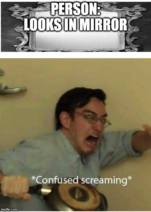 confused screaming | PERSON:
LOOKS IN MIRROR | image tagged in confused screaming | made w/ Imgflip meme maker