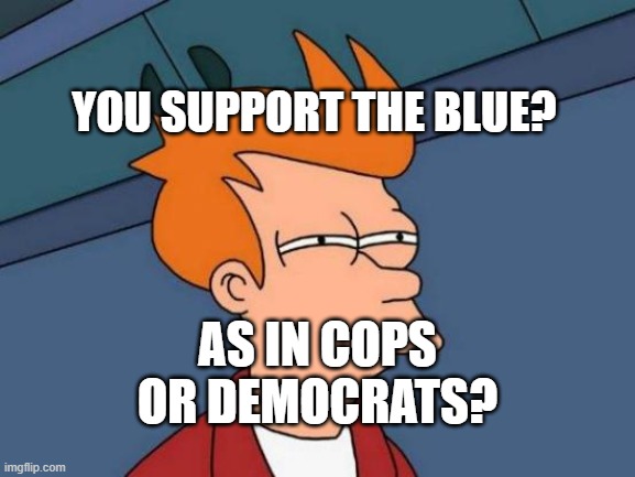 Futurama Fry | YOU SUPPORT THE BLUE? AS IN COPS OR DEMOCRATS? | image tagged in memes,futurama fry | made w/ Imgflip meme maker