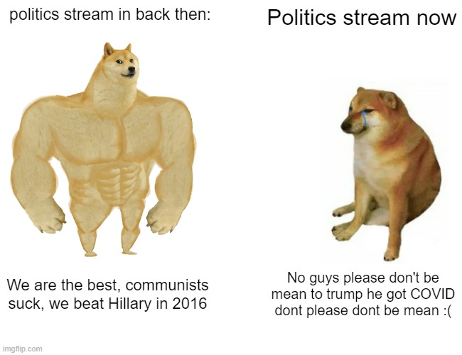 Politics stream these days suck. https://imgflip.com/i/4kzjp9 wow much creativity. | politics stream in back then:; Politics stream now; We are the best, communists suck, we beat Hillary in 2016; No guys please don't be mean to trump he got COVID dont please dont be mean :( | image tagged in memes,buff doge vs cheems,funny,politics,conservatives | made w/ Imgflip meme maker