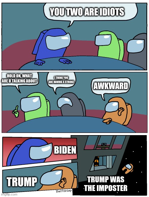 Trump and Biden Arguing | YOU TWO ARE IDIOTS; HOLD ON, WHAT ARE U TALKING ABOUT; I THINK YOU ARE HAVING A STROKE; AWKWARD; BIDEN; TRUMP WAS THE IMPOSTER; TRUMP | image tagged in election 2020,trump vs biden,among us,candidates | made w/ Imgflip meme maker