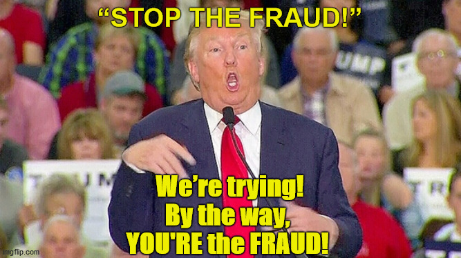 Donald Trump Mocking Disabled Reporter | “STOP THE FRAUD!”; We’re trying!
By the way, 
YOU'RE the FRAUD! | image tagged in donald trump mocking disabled reporter | made w/ Imgflip meme maker