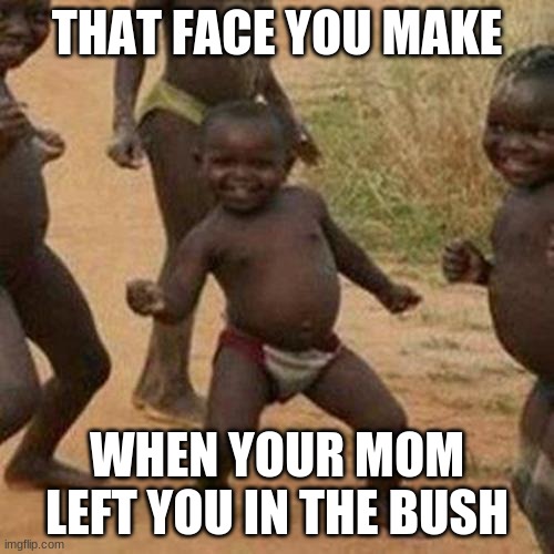 Third World Success Kid Meme | THAT FACE YOU MAKE; WHEN YOUR MOM LEFT YOU IN THE BUSH | image tagged in memes,third world success kid | made w/ Imgflip meme maker