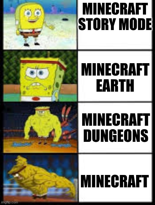 spongebob template | MINECRAFT STORY MODE; MINECRAFT EARTH; MINECRAFT DUNGEONS; MINECRAFT | image tagged in spongebob template | made w/ Imgflip meme maker