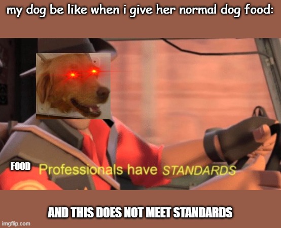 Professionals have standards | my dog be like when i give her normal dog food:; FOOD; AND THIS DOES NOT MEET STANDARDS | image tagged in professionals have standards | made w/ Imgflip meme maker
