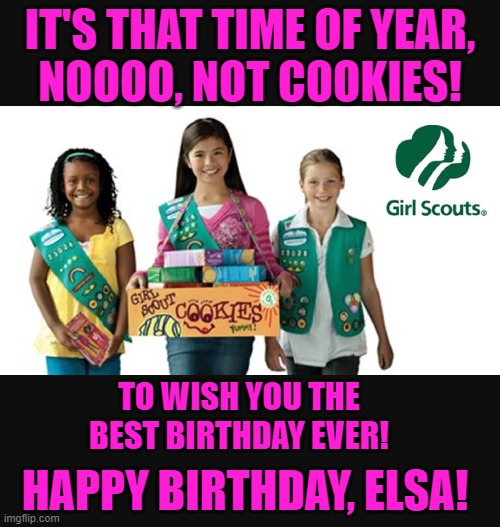 Girl scout | IT'S THAT TIME OF YEAR,
NOOOO, NOT COOKIES! TO WISH YOU THE BEST BIRTHDAY EVER! HAPPY BIRTHDAY, ELSA! | image tagged in girl scout | made w/ Imgflip meme maker
