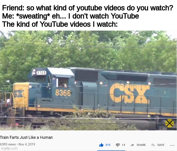 Friend: so what kind of youtube videos do you watch?
Me: *sweating* eh... I don't watch YouTube
The kind of YouTube videos I watch: | image tagged in memes,funny,youtube,trains,csx,video | made w/ Imgflip meme maker