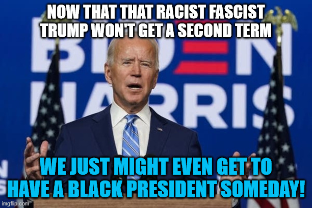 NOW THAT THAT RACIST FASCIST TRUMP WON'T GET A SECOND TERM; WE JUST MIGHT EVEN GET TO HAVE A BLACK PRESIDENT SOMEDAY! | image tagged in biden,election,trump,black,president,memes | made w/ Imgflip meme maker