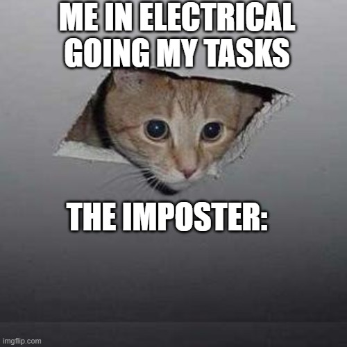 Ceiling Cat Meme | ME IN ELECTRICAL GOING MY TASKS; THE IMPOSTER: | image tagged in memes,ceiling cat | made w/ Imgflip meme maker