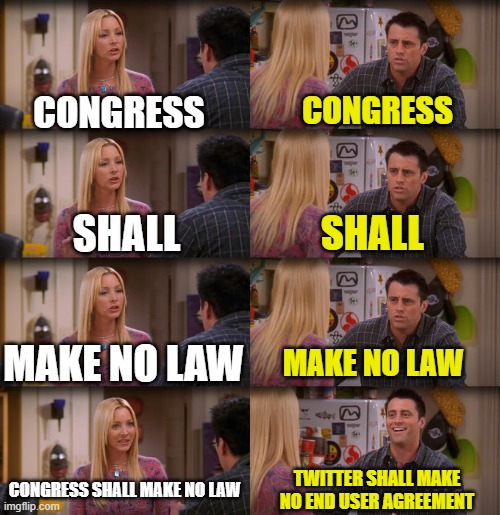 He's a law expert | CONGRESS; CONGRESS; SHALL; SHALL; MAKE NO LAW; MAKE NO LAW; CONGRESS SHALL MAKE NO LAW; TWITTER SHALL MAKE NO END USER AGREEMENT | image tagged in joey repeat after me | made w/ Imgflip meme maker