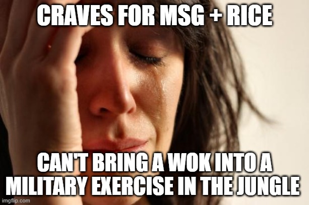 UNCLE ROGER MEMES | CRAVES FOR MSG + RICE; CAN'T BRING A WOK INTO A MILITARY EXERCISE IN THE JUNGLE | image tagged in memes,first world problems | made w/ Imgflip meme maker