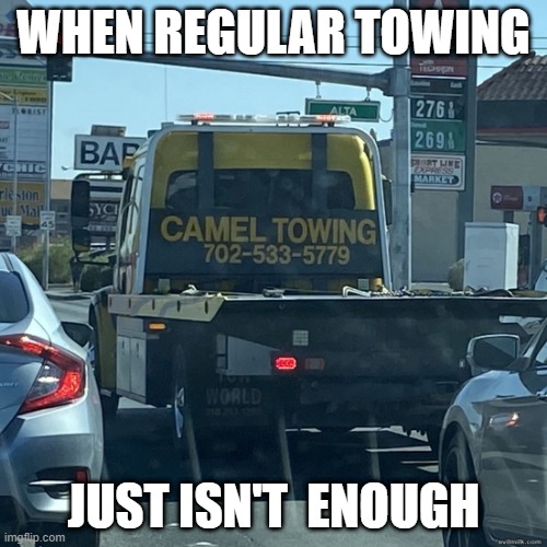 Camal Towing | WHEN REGULAR TOWING; JUST ISN'T  ENOUGH | image tagged in truck,tow truck | made w/ Imgflip meme maker