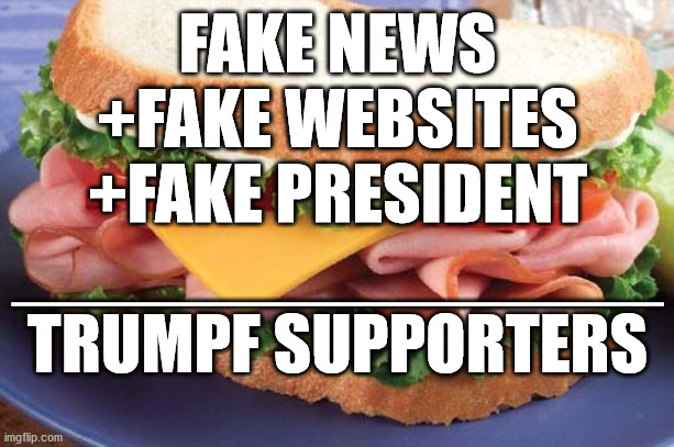 Sandwich | FAKE NEWS
+FAKE WEBSITES
+FAKE PRESIDENT
________________
TRUMPF SUPPORTERS | image tagged in sandwich | made w/ Imgflip meme maker