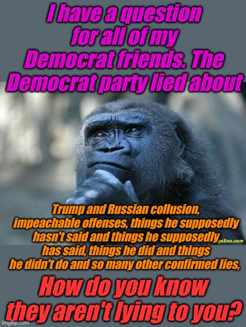 I mean I know 3 year olds who are better at lying than the Democrat Party, we've seen this same BS for years. | I have a question for all of my Democrat friends. The Democrat party lied about; Trump and Russian collusion, impeachable offenses, things he supposedly hasn't said and things he supposedly has said, things he did and things he didn't do and so many other confirmed lies, How do you know they aren't lying to you? | image tagged in deep thoughts | made w/ Imgflip meme maker