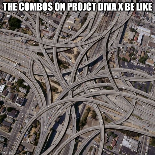 Complex road junction | THE COMBOS ON PROJCT DIVA X BE LIKE | image tagged in complex road junction | made w/ Imgflip meme maker