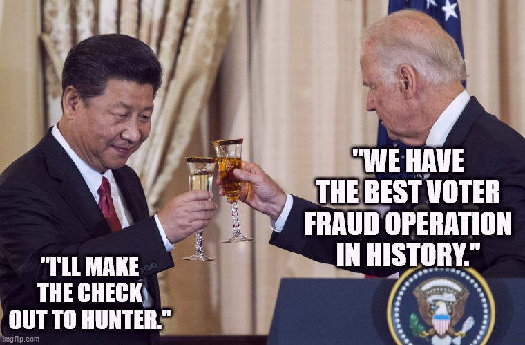 Cha-ching | "WE HAVE THE BEST VOTER FRAUD OPERATION IN HISTORY."; "I'LL MAKE THE CHECK OUT TO HUNTER." | image tagged in biden,trump,donald,joe biden | made w/ Imgflip meme maker