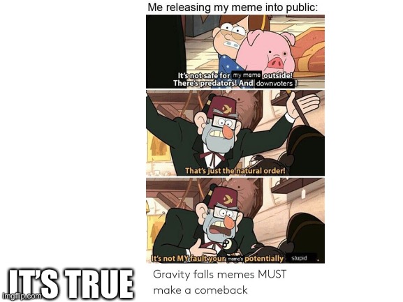 Gravity Falls memes need a comeback! | IT’S TRUE | image tagged in blank white template | made w/ Imgflip meme maker