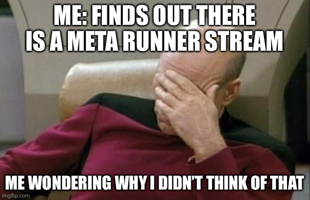 Captain Picard Facepalm |  ME: FINDS OUT THERE IS A META RUNNER STREAM; ME WONDERING WHY I DIDN’T THINK OF THAT | image tagged in memes,captain picard facepalm | made w/ Imgflip meme maker