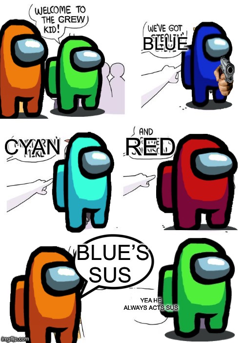 The Crew | CREW; BLUE; RED; CYAN; BLUE’S SUS; YEA HE ALWAYS ACTS SUS | image tagged in crimes johnson | made w/ Imgflip meme maker
