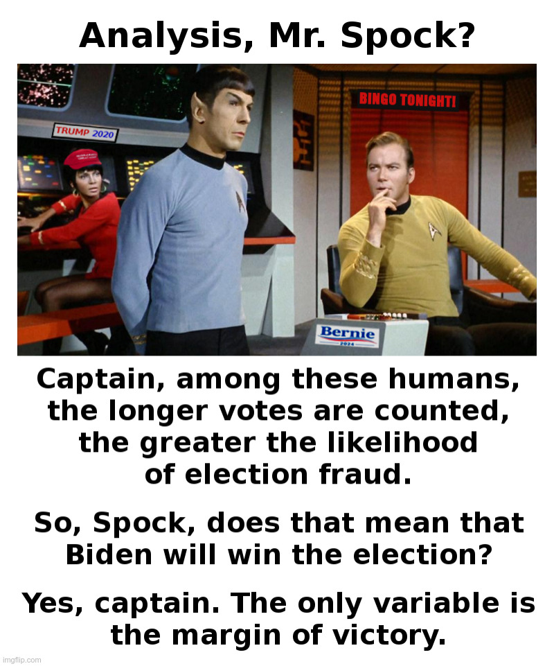Analysis, Mr. Spock? | image tagged in captain kirk,mr spock,star trek,joe biden,lost in space,voter fraud | made w/ Imgflip meme maker