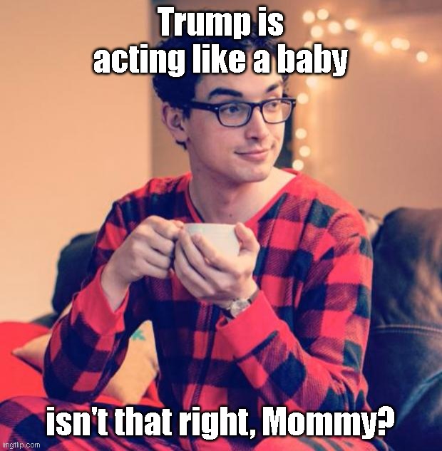 Rallying cry of the infantile Left | Trump is acting like a baby; isn't that right, Mommy? | image tagged in pajama boy,liberal hypocrisy,election 2020,election fraud | made w/ Imgflip meme maker