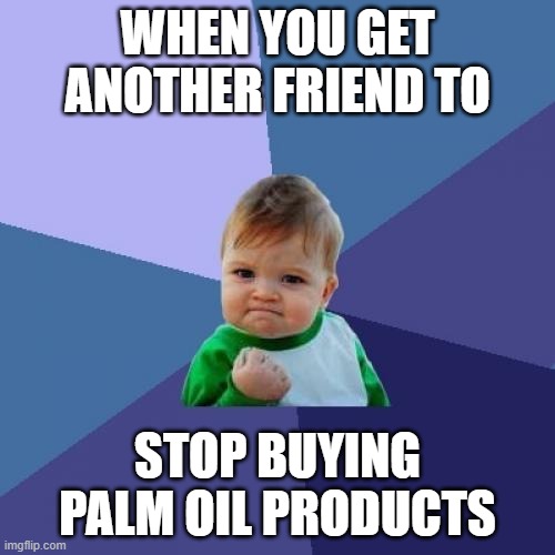 Gibbon Guardians - Palm Oil |  WHEN YOU GET ANOTHER FRIEND TO; STOP BUYING PALM OIL PRODUCTS | image tagged in memes,success kid,palm oil,conservation,environment,nature | made w/ Imgflip meme maker