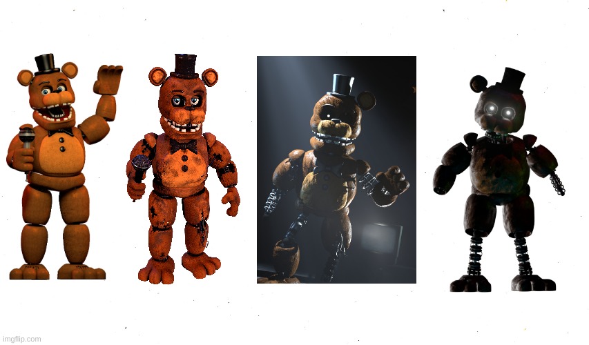 Unwithered/withered freddy stages | image tagged in freddy fazbear,fnaf2 | made w/ Imgflip meme maker