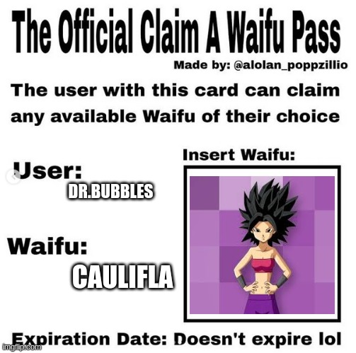 Official claim a waifu pass | DR.BUBBLES; CAULIFLA | image tagged in official claim a waifu pass | made w/ Imgflip meme maker