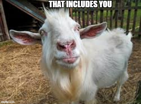 bored goat | THAT INCLUDES YOU | image tagged in bored goat | made w/ Imgflip meme maker