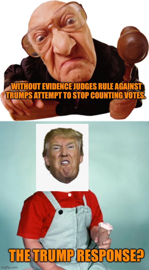 Two judges rule against Trump accusations of voter fraud. All ballots will be counted | WITHOUT EVIDENCE JUDGES RULE AGAINST TRUMPS ATTEMPT TO STOP COUNTING VOTES. THE TRUMP RESPONSE? | image tagged in donald trump,orange,voter fraud,republicans,crooked,narcissist | made w/ Imgflip meme maker