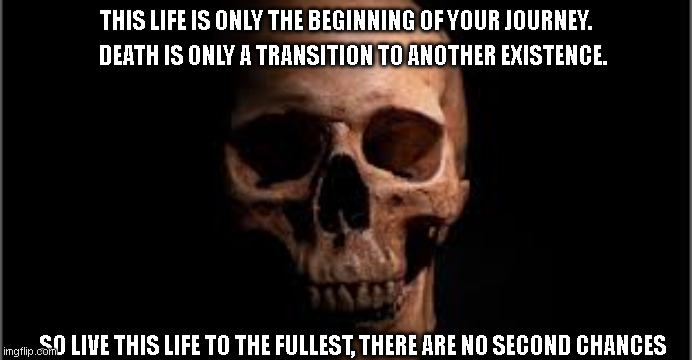 life lesson | THIS LIFE IS ONLY THE BEGINNING OF YOUR JOURNEY. DEATH IS ONLY A TRANSITION TO ANOTHER EXISTENCE. SO LIVE THIS LIFE TO THE FULLEST, THERE ARE NO SECOND CHANCES | image tagged in skull,life lessons,truth | made w/ Imgflip meme maker