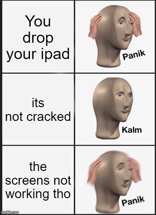 Panik Kalm Panik Meme | You drop your ipad; its not cracked; the screens not working tho | image tagged in memes,panik kalm panik | made w/ Imgflip meme maker
